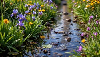 a gentle stream lined with water loving flowers like irises and pickerelweed, their colors mirrored in the water. photo