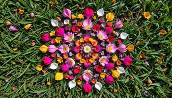 a top down view of a perfectly arranged floral mandala on grass using fresh seasonal petals. photo