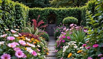 a secret garden hidden behind overgrown hedges, bursting with perennials and buzzing with silent energy. photo