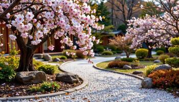 a japanese zen garden in spring with blooming cherry blossoms falling gently over a raked gravel path. photo