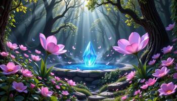 a fantasy forest where giant, iridescent flowers bloom around a glowing crystal pond, surrounded by mist and soft blue light. photo