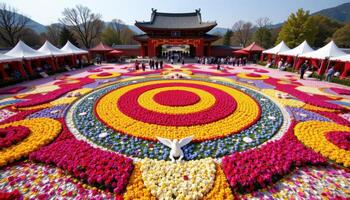 a wide angle view of a spring festival plaza before opening, covered entirely in petals arranged into floral carpets. photo