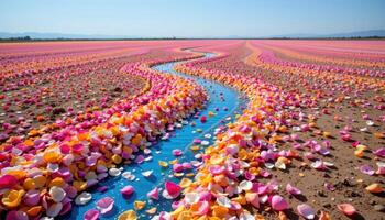 a surreal scene of petals flowing like liquid across a vast plain, forming rivers of color. photo