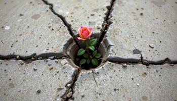 a minimal composition of a single perfect rose in a cracked concrete slab, symbolizing life emerging from desolation. photo