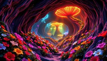 a neon lit cave of hyper saturated flowers blooming under glowing fungal canopies. photo
