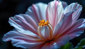 a close up of a rare flower blooming in moonlight, its petals slowly unfurling toward the night sky. photo