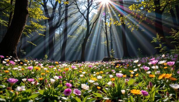 a peaceful glade in the forest where sunlight forms moving patterns over blooming ground level flowers. photo