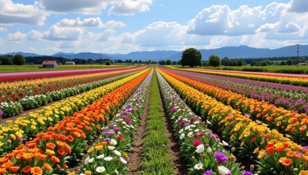 un de ensueño granja paisaje dónde filas de cultivos tener estado sustituido por filas de vistoso floración plantas. foto