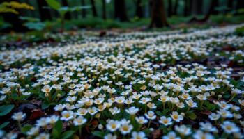 a forest floor carpeted with tiny white blossoms glowing faintly under bioluminescent fungi. photo