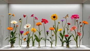a minimalist museum display of extinct flower species recreated in glass and arranged by era. photo