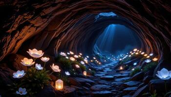 a cave lit by crystalline flowers glowing gently in the darkness, creating ambient illumination. photo