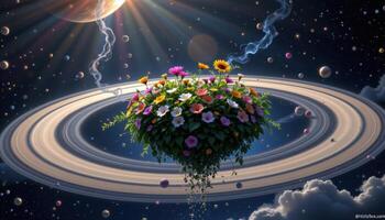 a celestial flower garden floating above saturn's rings, its blossoms trailing cosmic dust. photo