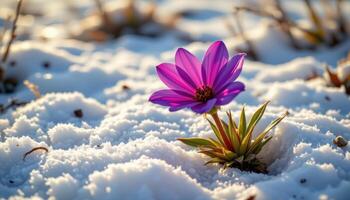 a frozen tundra where a rare, frost resistant flower blooms defiantly in radiant violet. photo