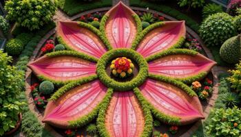a whimsical garden shaped like a giant flower from above, with walkways forming the petal veins. photo