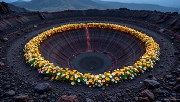 a glowing ring of flowers growing from volcanic soil around the rim of an inactive crater. photo