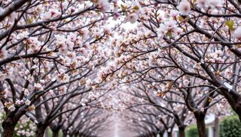 a canopy of flowering trees forming a tunnel overhead, with soft petals continuously falling like snow. photo