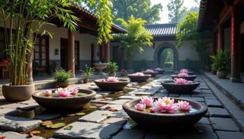 a tranquil temple courtyard filled with lotus blossoms floating in patterned stone basins, surrounded by bamboo. photo