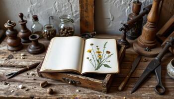 a rustic flower press laid open on a wooden desk surrounded by antique botanical tools. photo