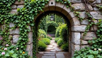 a stone archway hidden in ivy, leading to a forgotten garden overtaken by flowering vines and creeping ground cover. photo