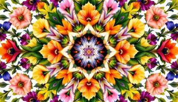 a symmetrical kaleidoscope design made entirely of exotic flower species from around the world. photo