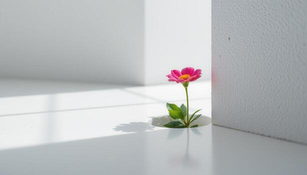 a minimal, white on white setting where a single colored flower blooms from a crack in the floor. photo