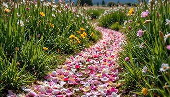 a path made of flower petals winding through tall fields, as if left behind by a gust of magical wind. photo