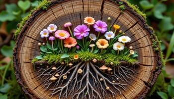 a cross section of a blooming ecosystem inside a tree stump, revealing flower roots intertwined with mushrooms and moss. photo