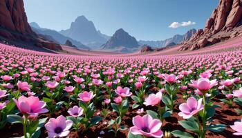 a surreal field of geometric, fractal like flowers growing in repeating patterns across an alien landscape. photo