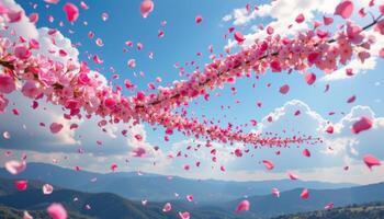 a dreamlike floating river of petals drifting through the sky like a cloud, suspended above distant hills. photo