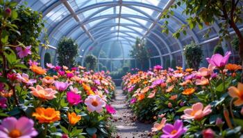 a futuristic dome garden filled with genetically engineered flowers glowing in soft neon tones, under artificial sunlight. photo