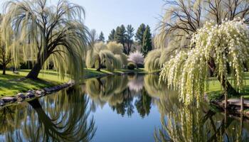 a reflective lake encircled by weeping willow trees in bloom, their petals trailing along the water's edge. photo