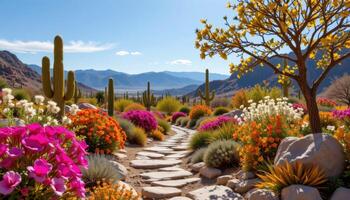 a desert oasis where all plant life blooms synchronously once a year in dazzling display. photo
