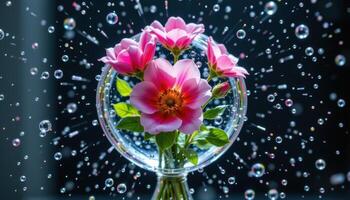 a bouquet frozen mid motion, petals suspended in transparent gel like preserved time. photo