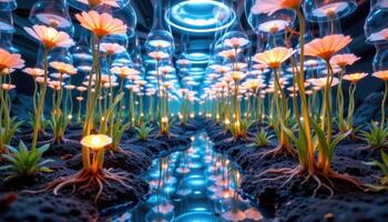 a network of glowing flower roots seen through a glass floor in an underground chamber. photo