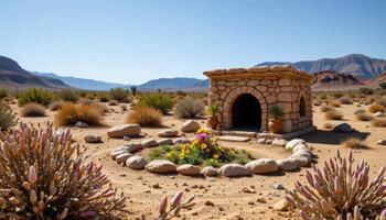 a desert shrine built around the only flower for miles, revered and surrounded by smooth stones. photo