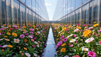 a canyon of mirrored walls where flowers grow infinitely in reflection, forming a recursive landscape. photo