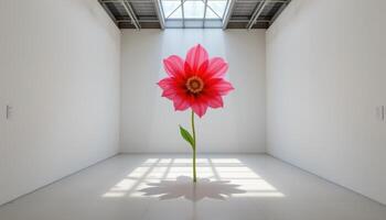 a minimalist gallery with one oversized artificial flower suspended in a beam of light. photo