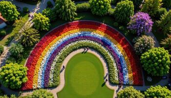a color coded city park with different flower zones forming a living rainbow from above. photo