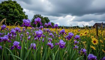 a windswept garden of tall irises bending in unison under the approaching storm. photo