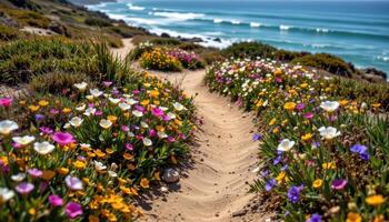 a winding coastal trail lined with native flowers thriving against sea salt and strong wind. photo