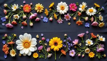 a stylized flatlay of pressed flowers arranged in fibonacci patterns on dark linen. photo
