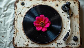 a single flower blooming from the center of an old vinyl record player spinning in silence. photo