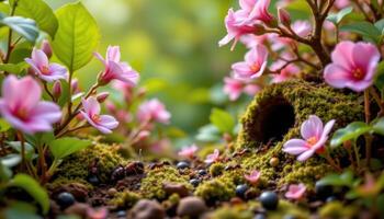 a micro world where ants tunnel through a forest of oversized blossoms and leaves. photo