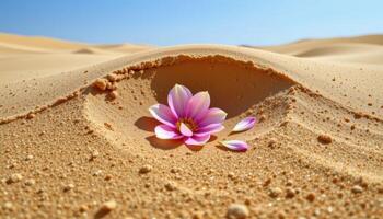 a wave of desert sand cresting into a floral mirage, where mirroring petals appear and vanish. photo