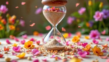 a massive hourglass where sand is replaced with falling flower petals in slow motion. photo