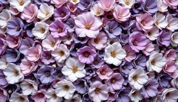 a monochrome themed flower wall composed entirely of shades of lavender, silver, and grey. photo