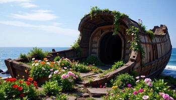 a serene garden formed inside a broken shipwreck, with flowering vines trailing through the hull. photo