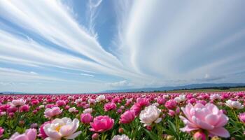 a field of pink and white peonies stretching endlessly beneath a gently swirling cloudy sky. photo