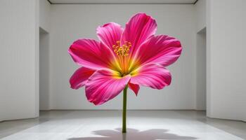 a deconstructed flower, each petal and stamen suspended midair in a gallery like void. photo