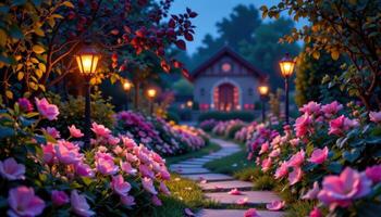 a slow, looping path through a glowing midnight garden where light and shadow dance across petals. photo